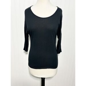 Vince Scoop Neck Long Sleeve Tee Shirt Top‎ Blouse Leather Detail Black Size XS